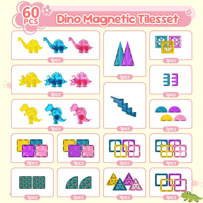 UREC 60PCS Dinosaur Toys Magnetic Tiles for Girls, Magnetic Building Blocks Sensory Dino Toy for Girl Ages 3-5 4-8 Year Old, Girl Toys Dinosaur Decorations Birthday Gifts for 3+ Years Old Kids Boys