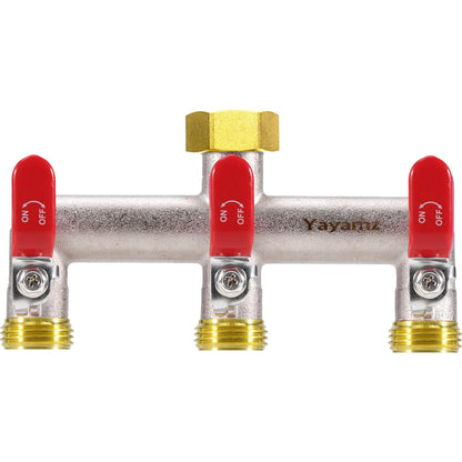 Yayamz 3 Way Garden Hose Splitter, Heavy Duty Brass Nickel Plated Rust Resistant Faucet Manifold, 3/4" Frost Resistant Outdoor Hose Adapter Connector，Hose Spigot Adapter with 3 large red handles