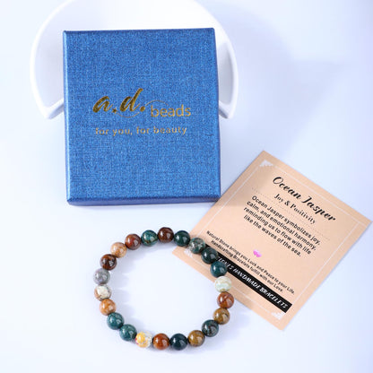 AD Beads 4mm Handmade Ocean Jasper Elastic Bracelet – Natural Gemstone for Joy & Positivity – Meditation, Yoga, Healing and Energy Gift for Men Women