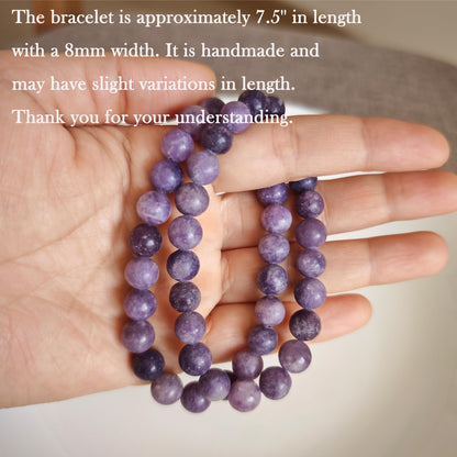Handmade Natural Gemstone Elastic Bracelet - Healing Crystal Beads Jewelry, Unisex (Purple Lepidolite, 8mm)