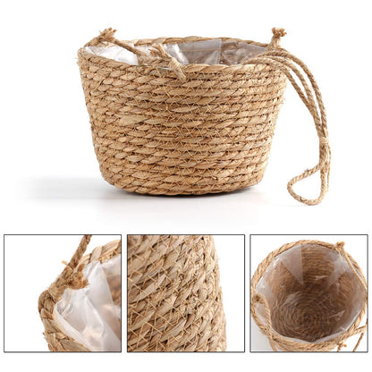 RXMORI Jute Rope Hanging Planter Basket, Rattan Woven Plant Hanger with Plastic Liner Macrame Plant Holder Storage Organizer for Plants Indoor Outdoor(Brown)