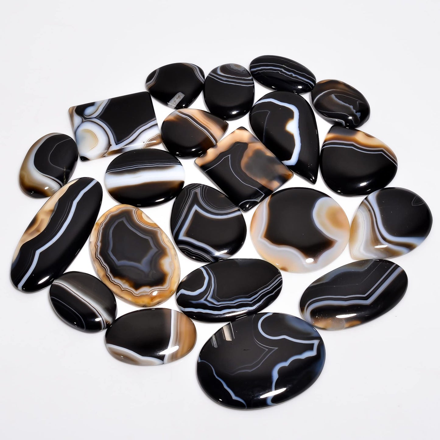 Natural 5, 4 & 3 Pcs Gemstones Cabochons Lot (15–30 MM), Multi Shape Stones for Jewelry Making Supplies Healing Crystals Gems Loose Gemstones (Banded Agate, 3pcs)