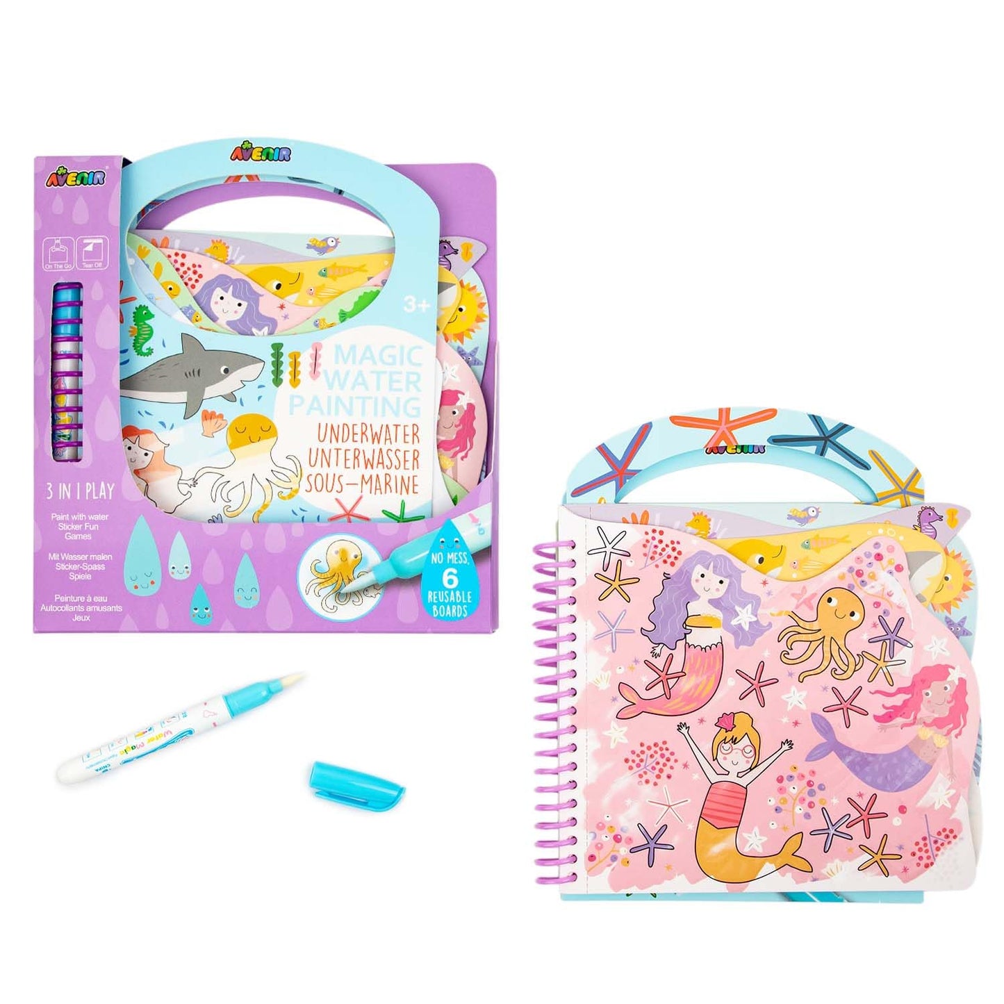 Avenir Reusable Water Coloring Book for Toddlers 3-5 – Mess-Free Paint-with-Water Travel Toy Airplane Activities Road Trip Quiet Book, Water-Reveal Activity Pad, 3-in-1 Creative Set
