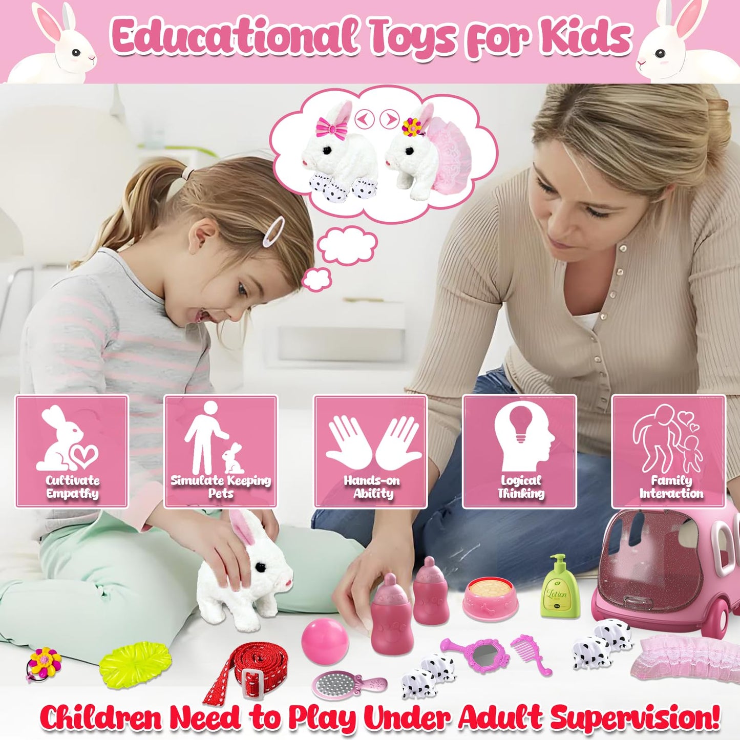 STAY GENT Plush Bunny Toy for Kids Girls, Hopping Walking Ears Wiggling Electric Rabbit, Feeding Interactive Pets Bunny Toys & Cage Easter Accessories Birthday Xmas Gifts for Toddlers 3 4 5 6