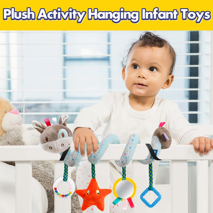 GKDOMS Baby Car Seat Toys Activity Stroller Toy for Boys Girls 0 3 6 9 10 12 Months, Spiral Hanging Plush Toys, Baby Shower Thank You Gifts