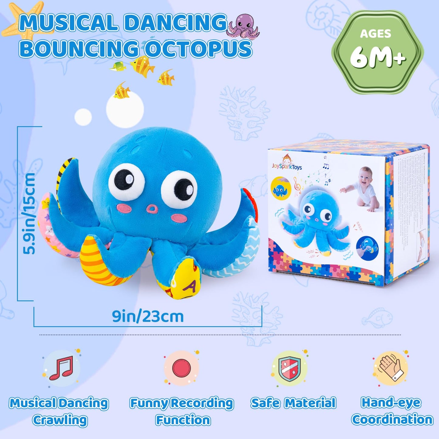 Baby Toys 6-12 Months, Musical Crawling Toys Bouncing Dancing Octopus Plush Toys 12-18 Months, 50 Songs & Recording Feature, Interactive Toddler Toys Age 1-2 Tummy Time Toys for 1 Yr Old Boys Infants