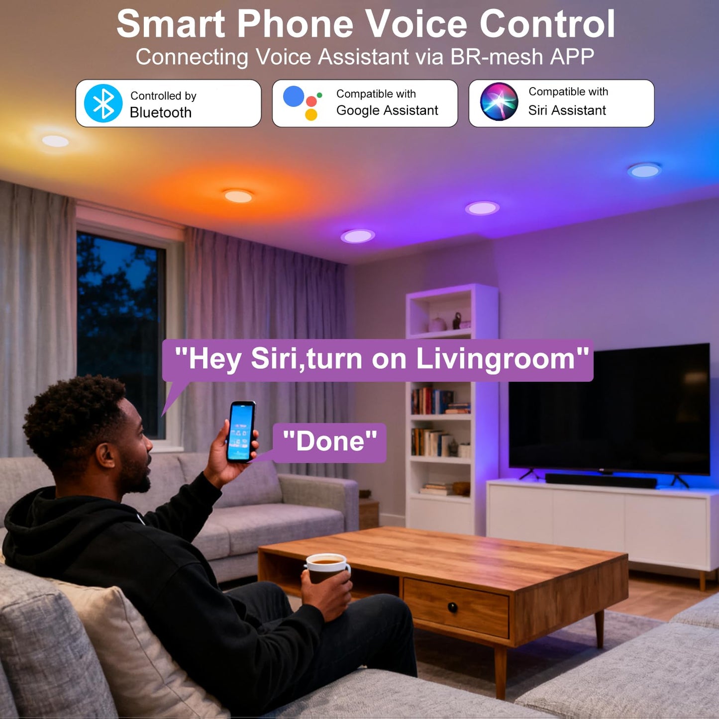 HYDONG Smart Recessed Lighting 5/6 inch,Color Changing Can Lights 4 Packs,13W 1050LM Retrofit led recessed Lighting,Bluetooth APP Control,Phone Assistant Voice Control,for Bedroom Kitchen Living Room