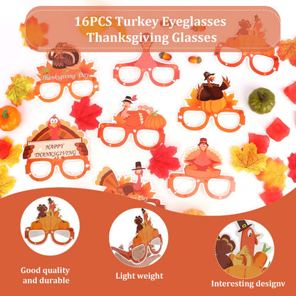 CAVETEE 16 PCS Thanksgiving Turkey Party Glasses, Novelty Thanksgiving Glasses Photo Prop for Adults, Thanksgiving Party Favors Decorations