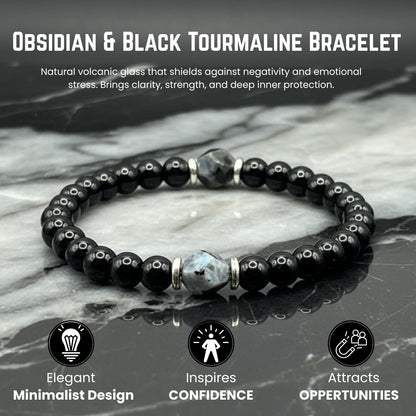AKDNZ Obsidian & Black Tourmaline Bracelet for Women & Men - 6mm Manifestation & Protection Healing Crystal Bracelets, Handmade Spiritual Gemstones for Mother’s, Father’s Day, Christmas & Anniversary