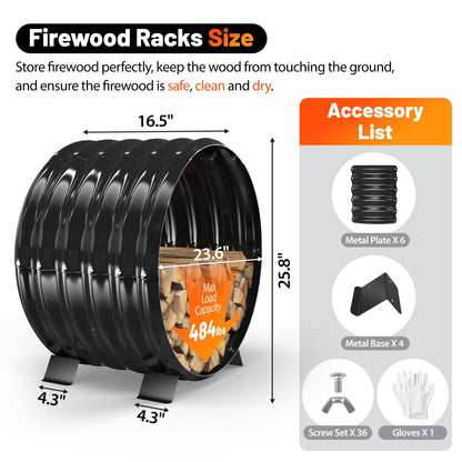 VAMFUTRE Round Metal Sheet Firewood Rack Indoor by Fireplace/Outdoor Beside Fire Pit-with Metal Legs,Rustproof,Durable & Stylish Firewood Holder (Circle, 24 Inches Diameter)