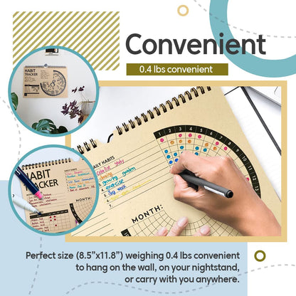 Habit Tracker Journal 2021 Goal Planner - Track Progress and Reach Goals with Spiral Binding, Weekly Monthly Kraft Large Calendar & Notepad - 12+1 Month Undated, 8.5 x 11.8 inch