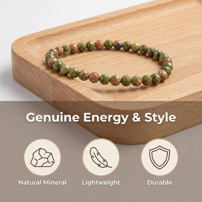 Angelstones Natural Unakite Gemstone Small Beaded Stretch Bracelet, 4mm Faceted Round Beads, Crystal Healing Bracelet for Women