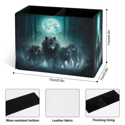 Famame Wolf Night Moon Pencil Holder for Desk, Leather Desktop Container Pen Cup Storage Study Table Pen Organizer Makeup Brush Holder for Classroom Office Home