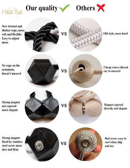 NazTur Magnetic Curtain Tiebacks- Upgrade 2022 with a Thicker Twist Rope & Strong Magnet Tieback Window Treatment Holdbacks Draperies Holders Decorative Drape Handmade Tie Back (Black, 2)