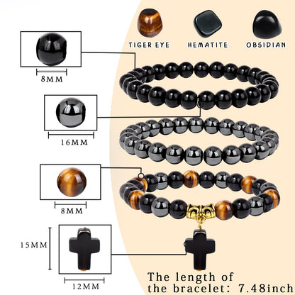 Vinswet Healing Crystal Beaded Bracelets for Women,Natural Tiger Eye Hematite Obsidian Triple Protection Bracelet,Anxiety Stress Relief Heart Charm Bracelet HandmadeJewelry Gifts for Women (3pcs)