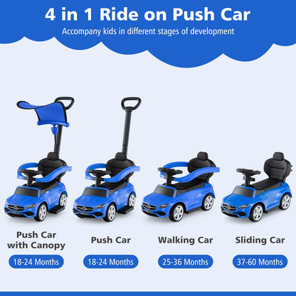 Licensed Mercedes Benz Push Car for Toddlers by INFANS, 3 in 1 Sliding Walking Car with Push Handle, Horn, Music, Underneath Storage, Foot-to-Floor Ride on Toys for Boys Girls, Blue