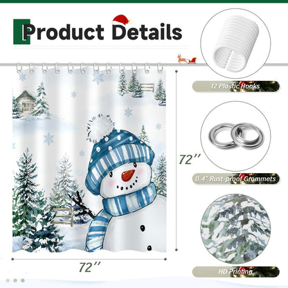 Moutina Winter Christmas Snowman Shower Curtain, Snow Snowflake Xmas New Year Holiday Winter Decor Bathroom Curtain Set - 72x72 Inch Waterproof Polyester Fabric with Hooks