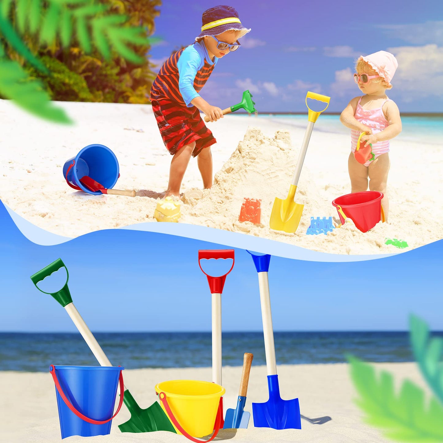 Jexine 12 Pcs Sand Buckets and Shovels for Kids Beach Sand Toys Bulk 12 Plastic Beach Buckets and 12 22 Inches Gardening Shovel with Wooden Handle Summer Toys for Boys and Girls, 4 Colors