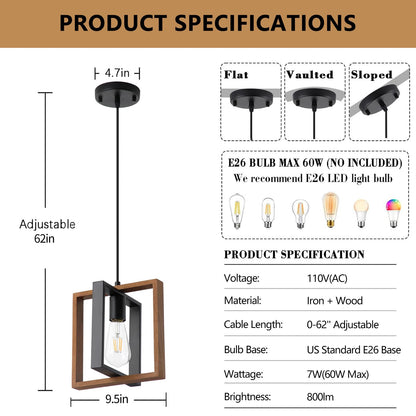 9MMML Industrial Small Pendant Lighting, Farmhouse Kitchen Island Hanging Lamp with Cord, Wood+Metal,1 Light E26 Fixture for Dining Room Bedroom Hallway Entryway,9.5 inch