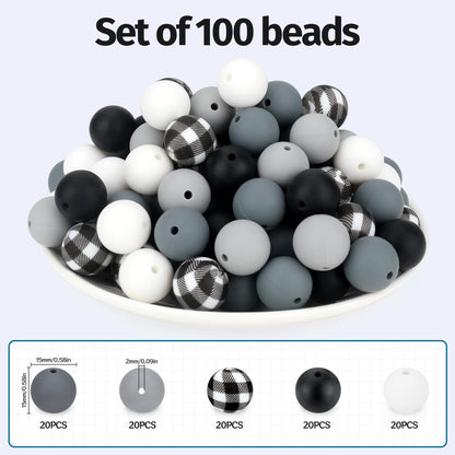 SALUOKE 100 Pcs 15mm Silicone Beads for Keychain Making, Pink Gream Silicone Beads Bulk Round for Bracelets Pens Crafts Jewelry Making (Black White)