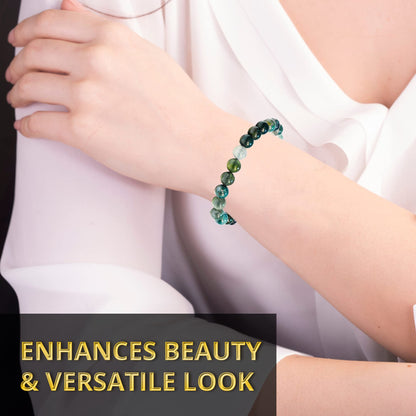 ANAYA AGATE Moss Agate Bracelet, Healing Crystal Bracelet for Women and Men, 8mm Round Beaded Bracelet for Spiritual Healing, Protection, Positive Energy, Elastic Adjustable Size Gemstone Bead Bracelet