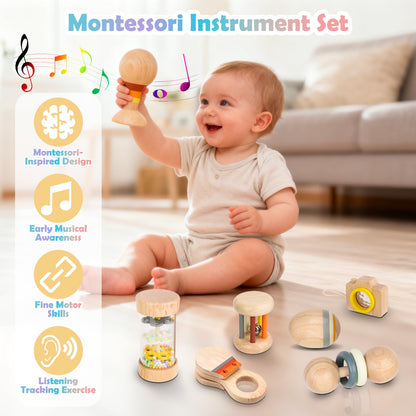 Montessori Wooden Baby Toys 7-in-1 Sensory Set for Babies 0–12 Months, Rain Sound Tube & Rattle Roller, Sensory Musical Gift for Baby Boys and Girls with Storage Bag