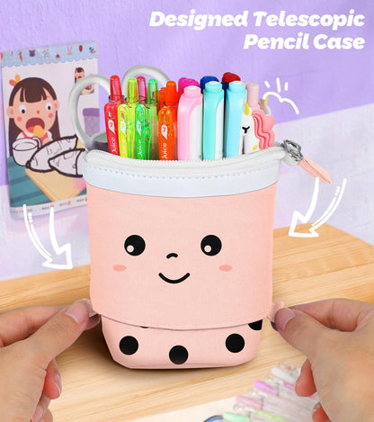 LISEVO Cute Pencil Case for Girls, 9 in 1 Set Boba Standing Up Pencil Bag Pouch Holder for Students Teens, Japanese Back to School Supplies Stationary Bags Set, Pen Holder Box Choice for Girls