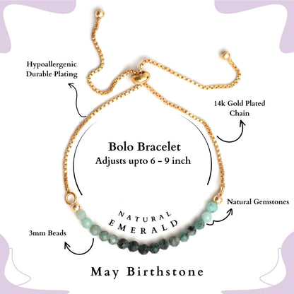 Gempires Green Emerald Gemstone Bracelet May Birthstone Bolo Bracelet for women 14k Gold Plated Chain (6-9 inch Adjustable Length)