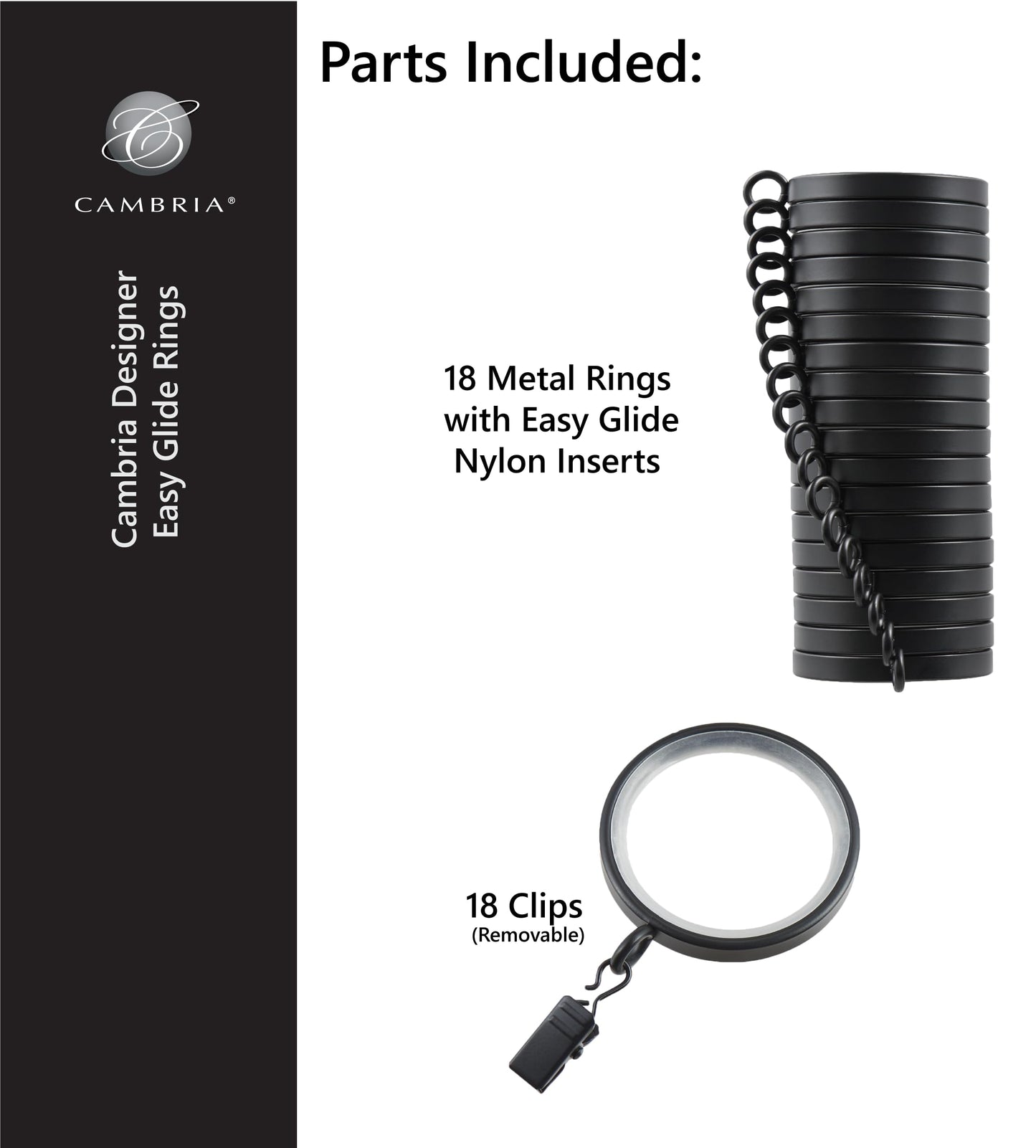 MODE Cambria Designer Series - Premium Easy Glide 18 Count Curtain Rings - Metal with Smooth, Quiet Nylon Inserts with Clips - 2 inch Diameter (1-5/8 inch Inside Diameter) - Weathered Oak