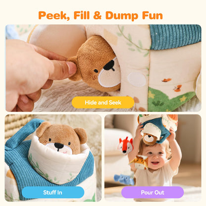 let's make Baby Toys 6-12 Months First Forest Animal Set Soft Barn playset with 5 Stuffed Woodland Animals, Rattle Crinkle Mirror Sensory Montessori Travel Toy Gift for Babies Boy Girl Toddlers 1-3