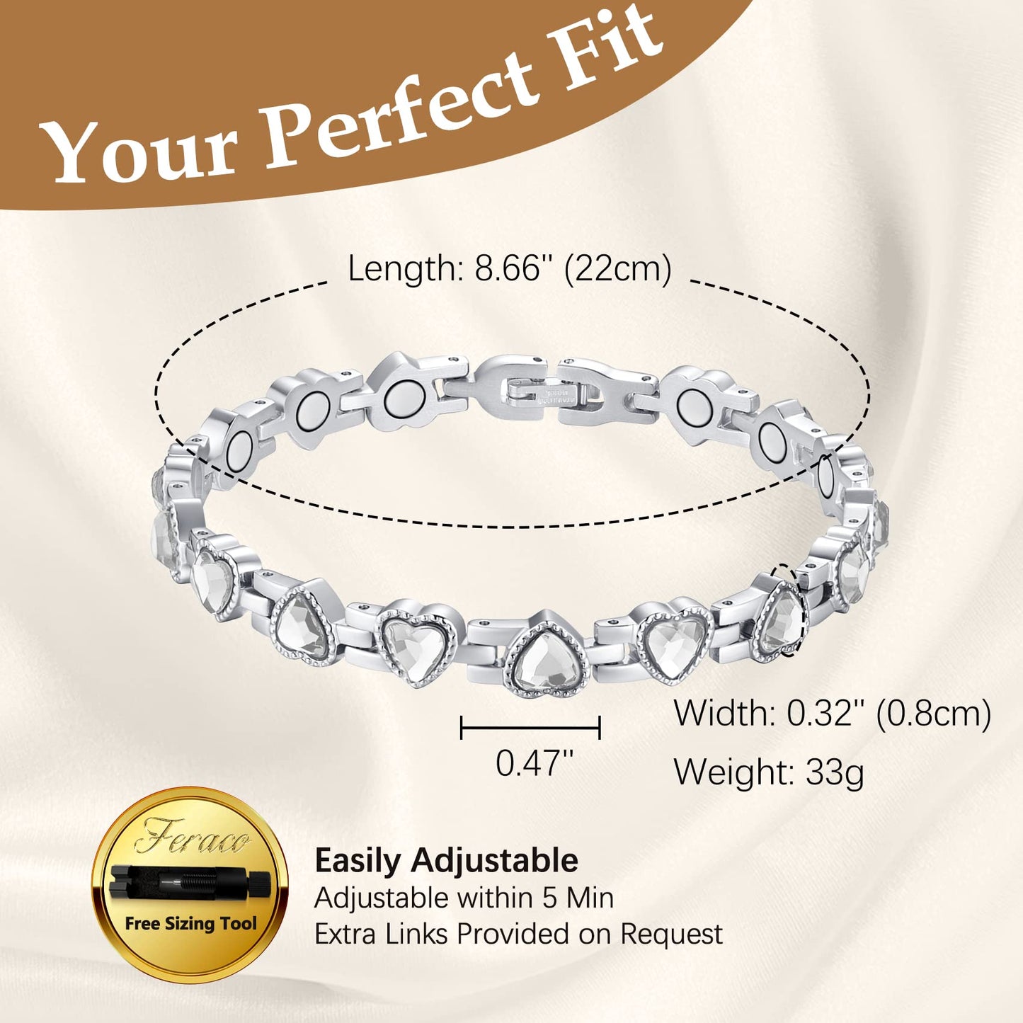 Feraco Magnetic Bracelet for Women Titanium Steel Magnetic Bracelet with Neodymium Magnets & Sparkling Crystals, Christmas Jewelry Gifts (Silver)