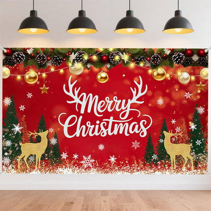 CRAFTYMELODY Large Merry Christmas Banner 70×43 Inch Red Christmas Wall Banner Santa Deer Snow Backdrop Winter Yard Sign Indoor Outdoor with Grommets 3.2 Yard String for Party Decoration Supplies