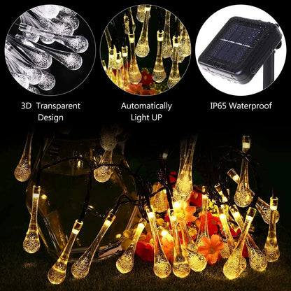 EONSMN Solar String Lights Outdoor Waterproof 19.6 Feet 30LED 8 Functions,Teardrop Water Drop Solar Lights, Garden Terrace Patio Tree Party Christmas Decoration (Warm White)