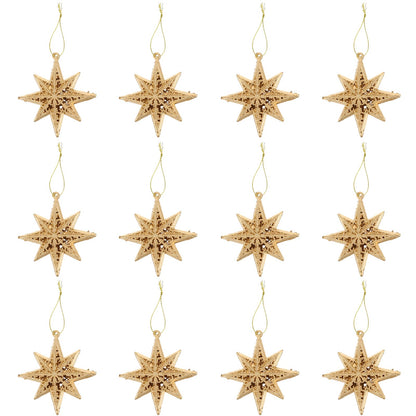 Garneck 12 Pcs Christmas Star Ornaments, Mini Eight-Pointed Star Pendants, Golden Plastic Decorations for Christmas Tree, 3.38 x 3.22 x 2.36 Inch