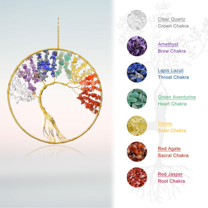 Yoption Tree of Life Agate Slice Wind Chime, Handmade 7 Chakra Healing Crystal Stone Wind Chime for Home Wall Garden Decorative Ornament, Unique Gift