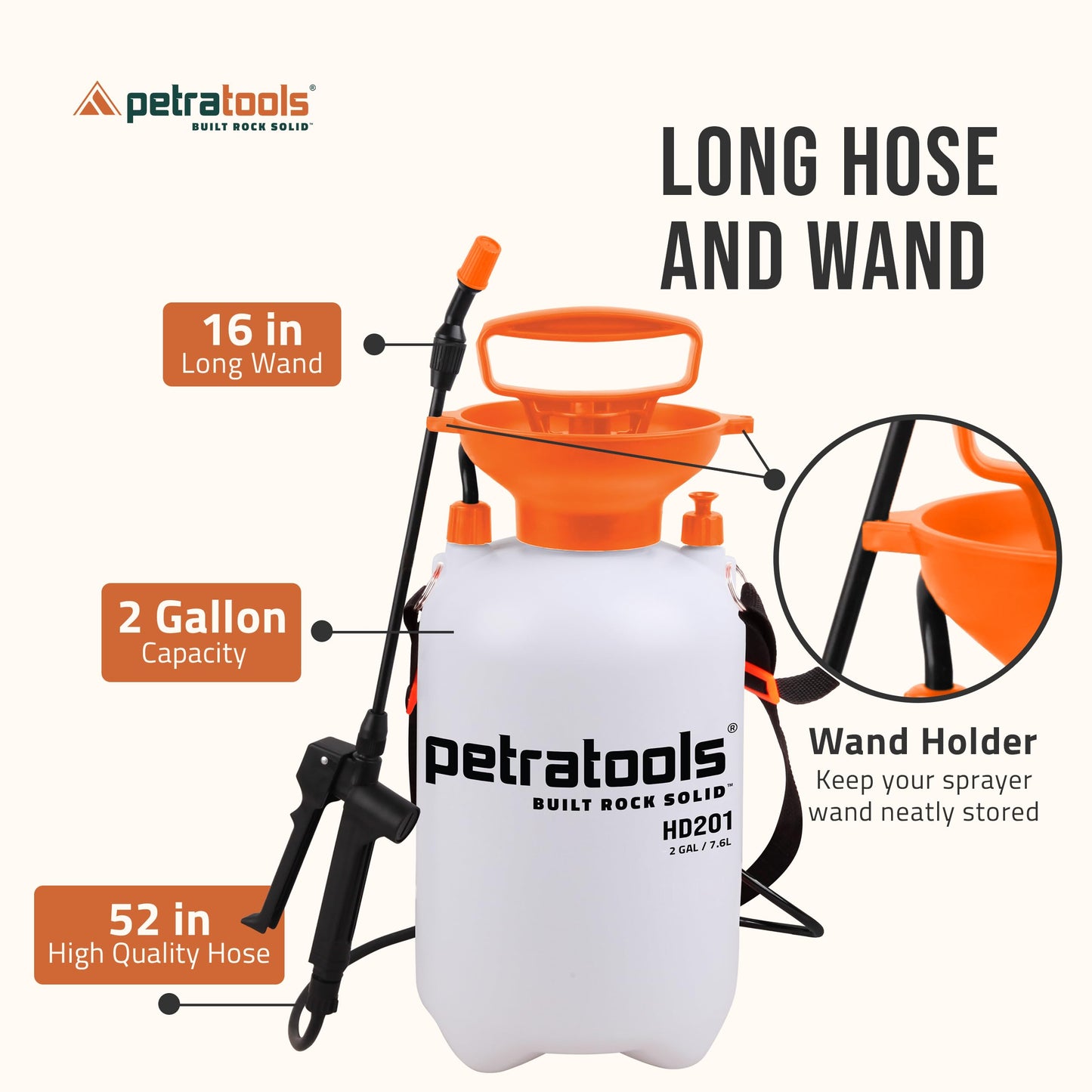 Petratools 2 Gallon Pump Sprayer - HD201 Garden Sprayer for Weeds, Lawn Care & Pesticides - 52" Long Hose, 2 Nozzles & Easy Carry Handle - Durable & Lightweight