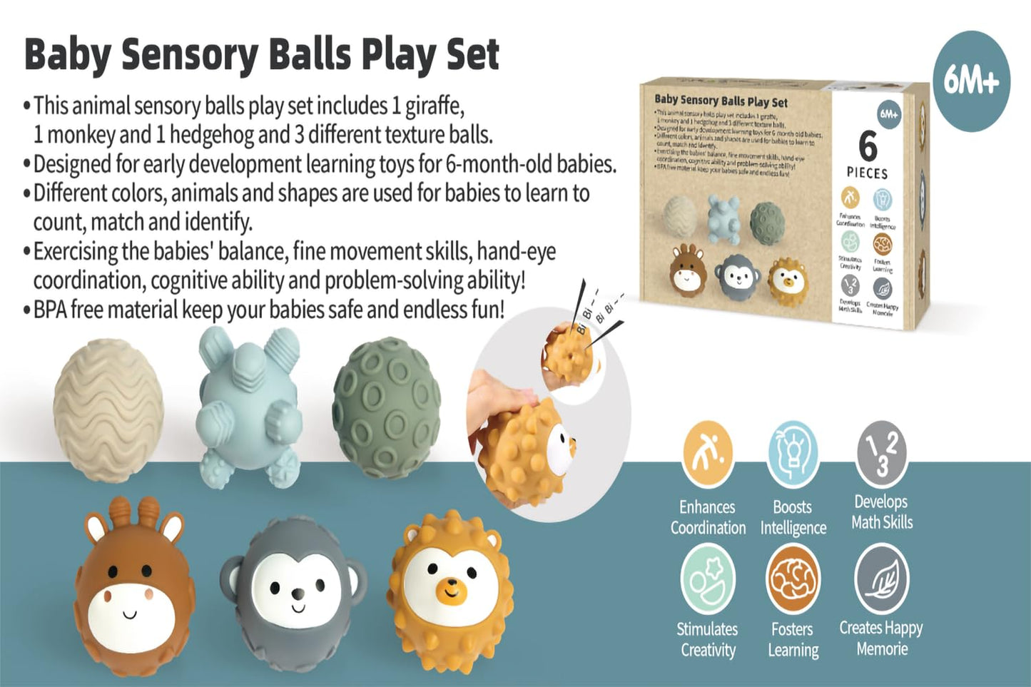 TMYIDO Baby Soft Textured Multi Soft Ball Gift Sets,Sensory Balls for Toddlers 06-18 Months,Cute Animal Shapes Sensory Ball for Babies,Montessori Toys for Babies 6-18 Months 6 Pack(Standard Edition)