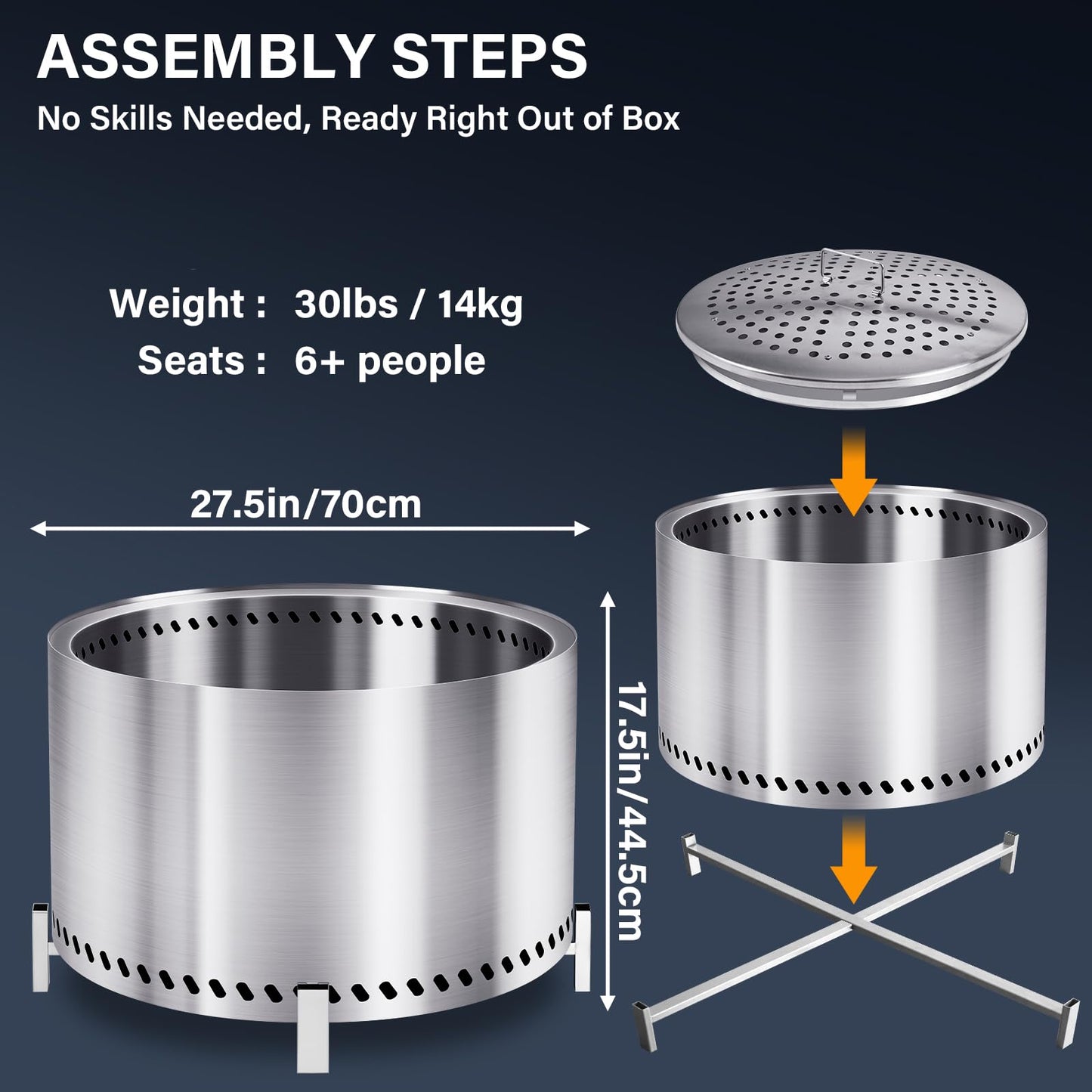 HGD 28 Inch Smokeless Firepit, Large Stainless Steel Fire Pit, Wood Burning Firepit for Patio Garden Picnic