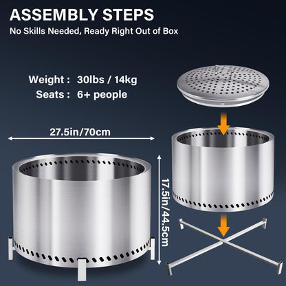 HGD 28 Inch Smokeless Firepit, Large Stainless Steel Fire Pit, Wood Burning Firepit for Patio Garden Picnic