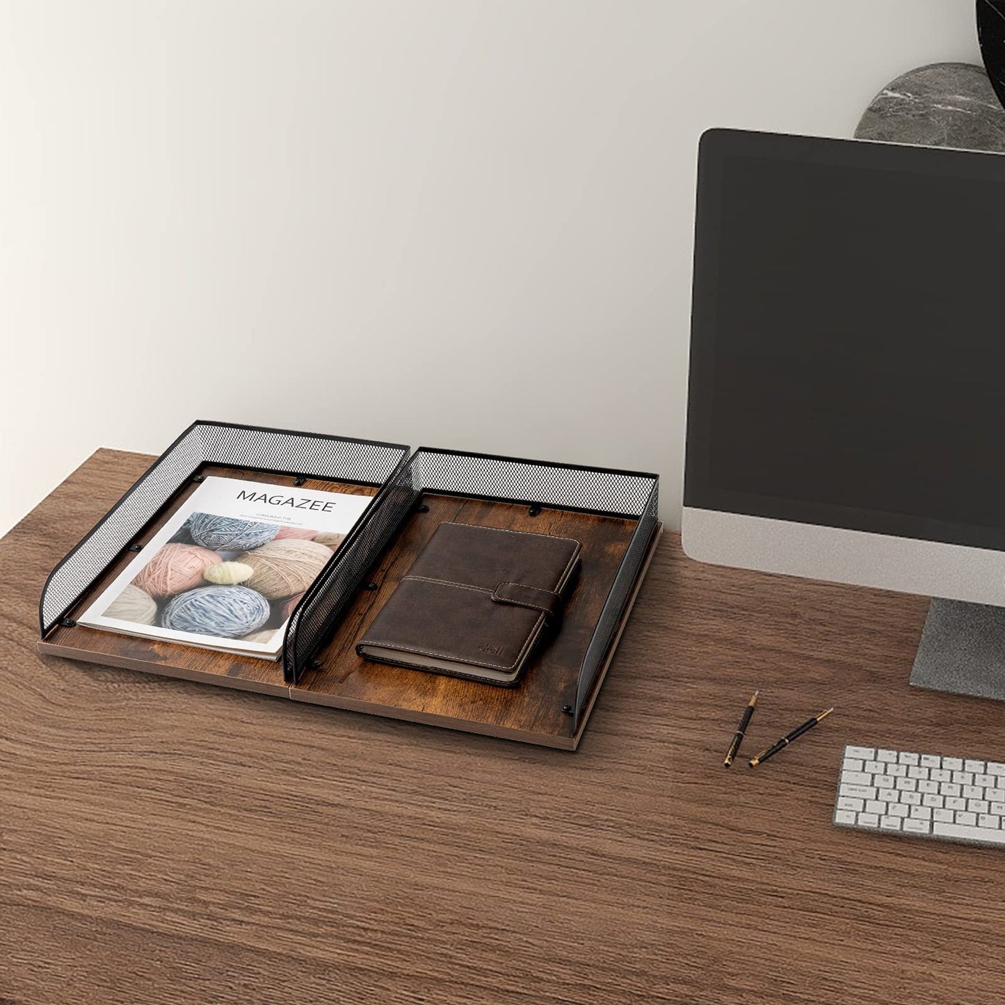 Set of 2 Vintage Wood & Metal Letter Tray，Desk Organizers Paper Tray，Office File Organizer(Black)