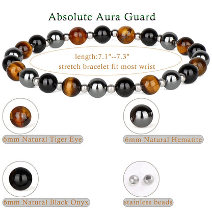 QOGIR Triple Protection - Onyx Hematite Tiger - Stainless Silver Beads Natural Gemstone Stretch Elastic Dainty Healing Beaded Bracelets Gifts 4mm