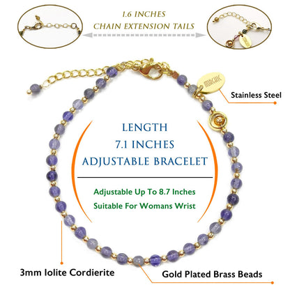 Morchic 3mm Blue Iolite Cordierite Natural Gemstone Beaded Bracelet for Women, Dainty Charm Jewelry, Adjustable 7.1-8.6", Ideal Birthday Holiday Gift