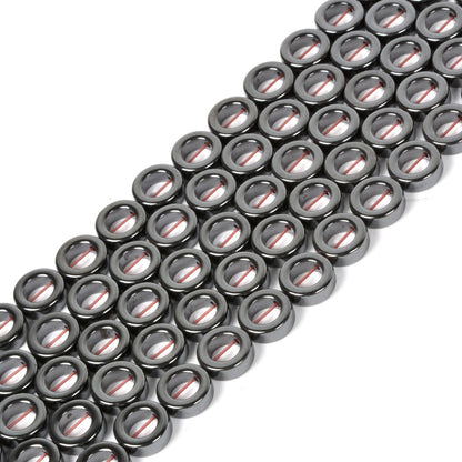 Natural 12mm Hematite Hollow Circle Flat Round Ring Shape Donut Beads Strand 16 Inch for Jewelry Making