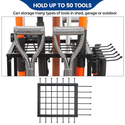 Garden Tool Organizer with 2-Tier Steel Shelves, Holds 50 Long-Handled Tools/Rakes/Brooms/Shovles for Garage Organization and Storage, Shed, Outdoor, Lawn, Heavy-Duty Steel, Black, Easy Assembly