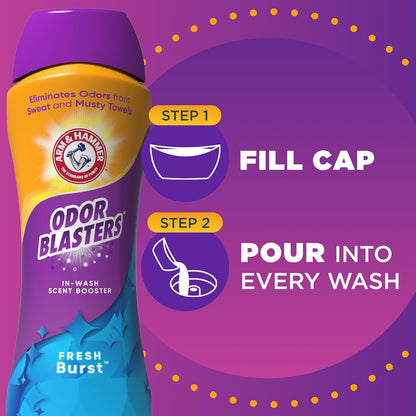 ARM & HAMMER Odor Blasters In-Wash Laundry Scent Booster, Eliminates Tough Odors, Fresh Burst Scent, 24 oz Bottle