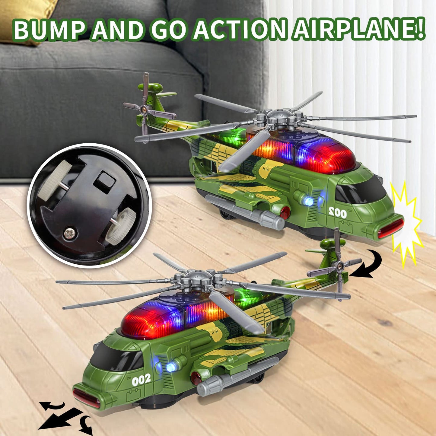 Bloolilies Helicopter Toy for Kids 3-5 6 7, Army Military Toy Helicopters with Lights and Music for Toddlers Birthday Gift, Bump and Go Airplane Toys for Boys Girls 3 4 5 6 7 Years Olds