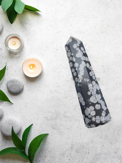 WholesaleGemShop 3 Inch (70 mm) Gemstones Snowflake Obsidian Obelisk Tower Jumbo Facet Aura Rock Crystal Natural Polished Earth Wand Spirit