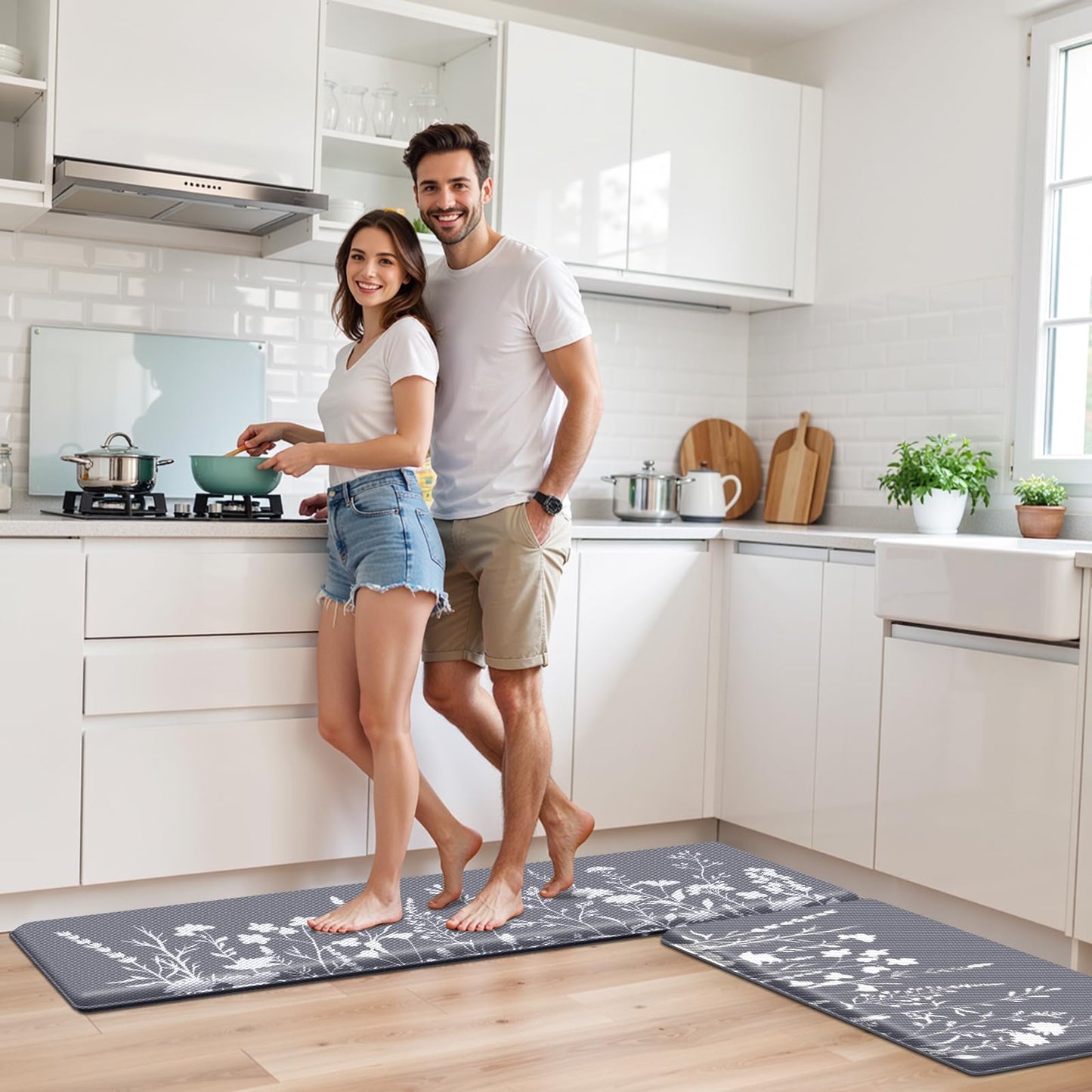 SofterCharm Kitchen Mats for Floor, Kitchen Rugs Sets of 2, Cushioned Anti Fatigue Mats for Kitchen Floor, Non-Slip Kitchen Decor, Water Resistant Kitchen Rug for Home, Kitchen, 17.3"x30"+17.3"x47"