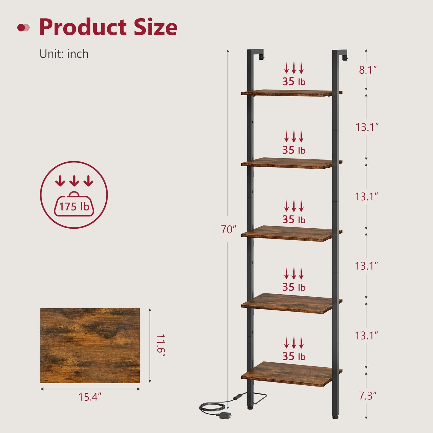 Tajsoon 5-Tier Ladder Shelf with LED Light, Wall Mounted Ladder Bookshelf with Metal Frame, Wall Ladder Bookshelf for Living Room, Bedroom, Office, Rustic Brown