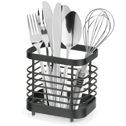 IWNTWY Utensil Holder, Stainless Steel Utensil Drying Rack for Kitchen Counter, Silverware Cutlery Flatware Holder Forks, Knives, Spoons, Chopsticks Organizer (Black)